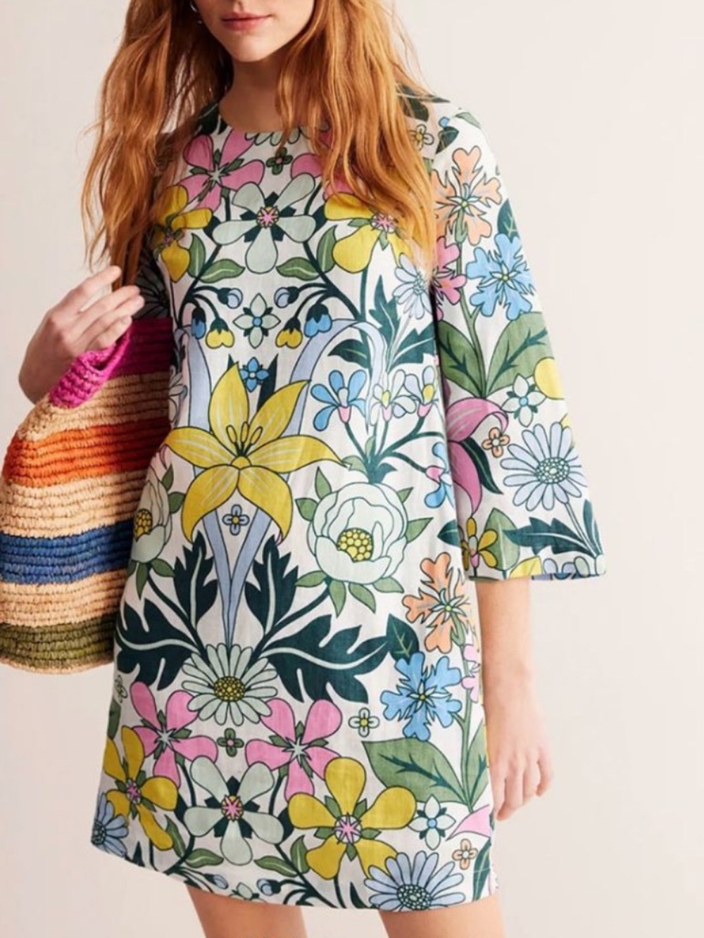 BODEN Linen Mini Dress 3/4 Sleeves Round Neck Floral Pockets Womens Size 10 NWOT